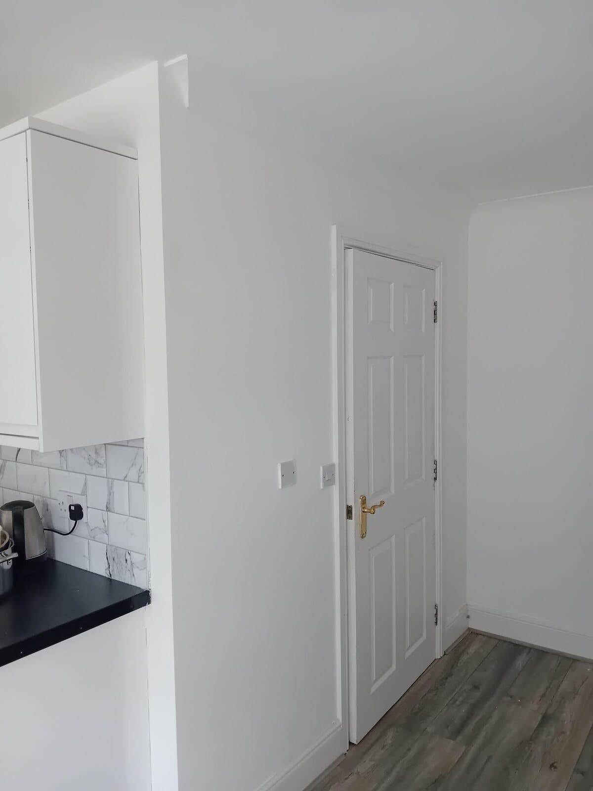 Finished hallway with white walls and a white panel door